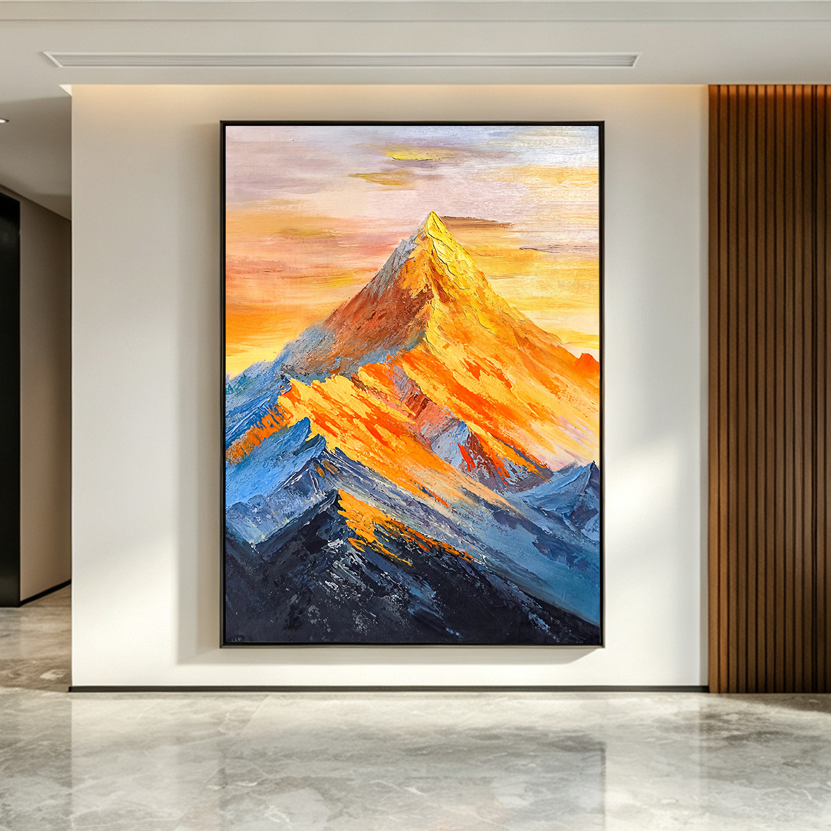 手绘日照金山客厅沙发背景墙挂画图片