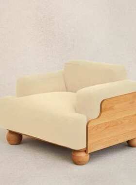 中古风单人休闲沙发椅法式复古奶油风设计师客厅阳台懒人实木沙发