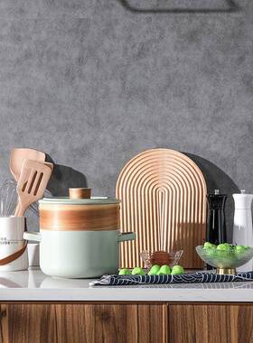 竹木厨具套装木砧板北欧绿色砂锅收纳桶样板房间厨房软装饰品摆件