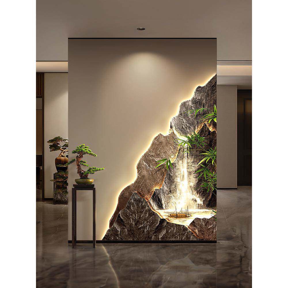 流水生财玄关转角装饰画聚宝盆走廊拐角墙面挂画竹子入户带灯壁画