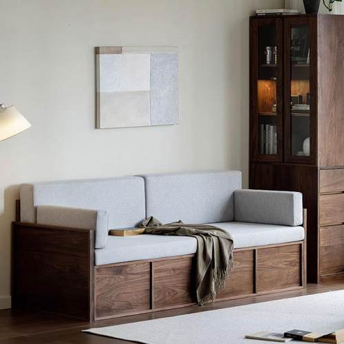 北美黑胡桃沙发北欧简约小户型三人客厅布艺实木箱式储物沙发床