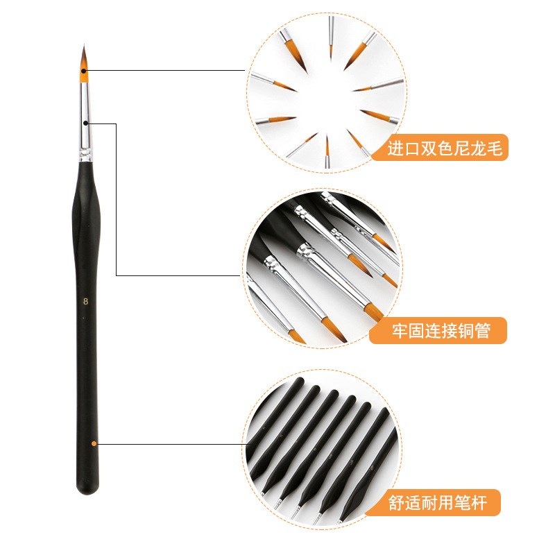 新款10支三角杆双色尼龙毛勾线笔 学生美术水彩绘画笔 油画笔
