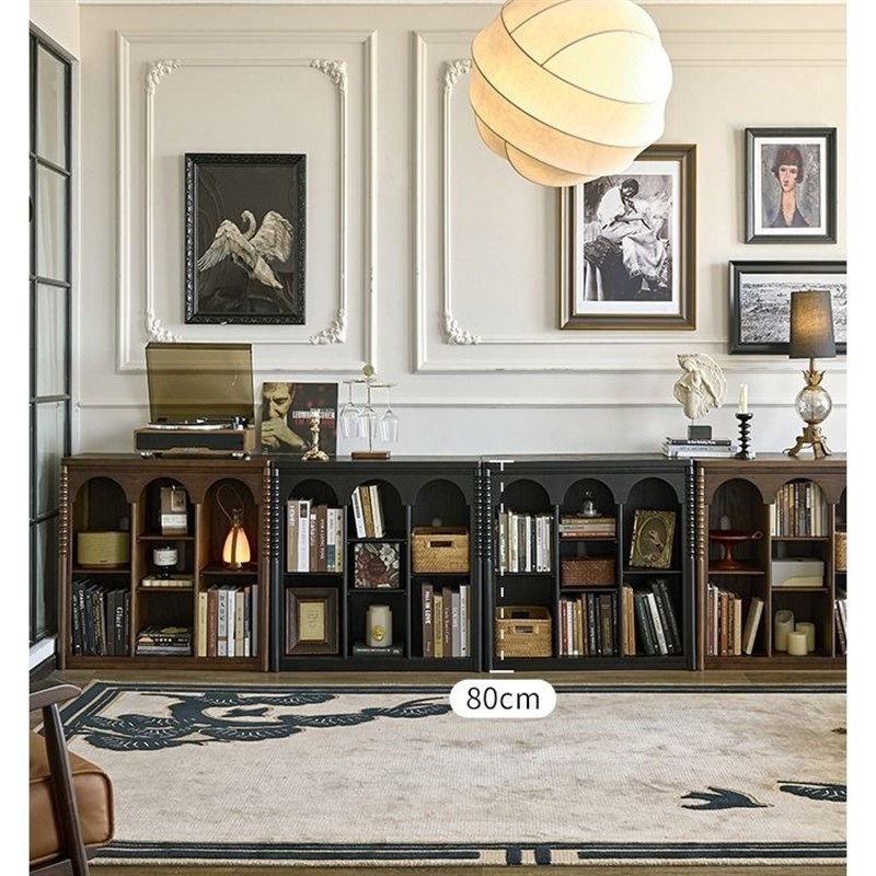 法式实木中古风书柜组合满墙柜美式复古橡木高柜矮柜组合收纳柜子