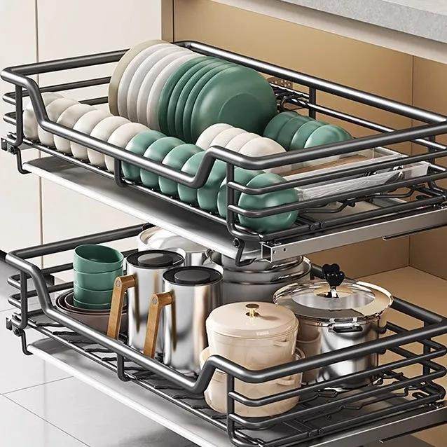 拉篮厨房橱柜抽屉式双层放装碗筷碟架304不锈钢拉篮调味料收纳拉