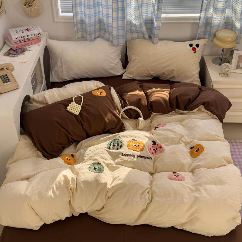 水洗棉四件套轻奢毛巾绣学生三件套酒店宿舍绣花被套纯色床单床笠