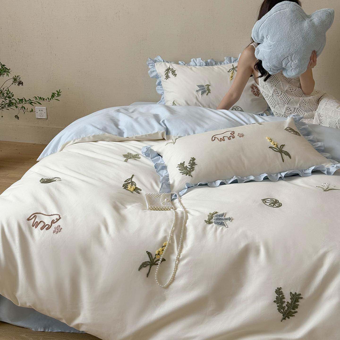 秋冬软糯100s长绒棉磨毛四件套少女心纯棉刺绣床单被套加厚4件套