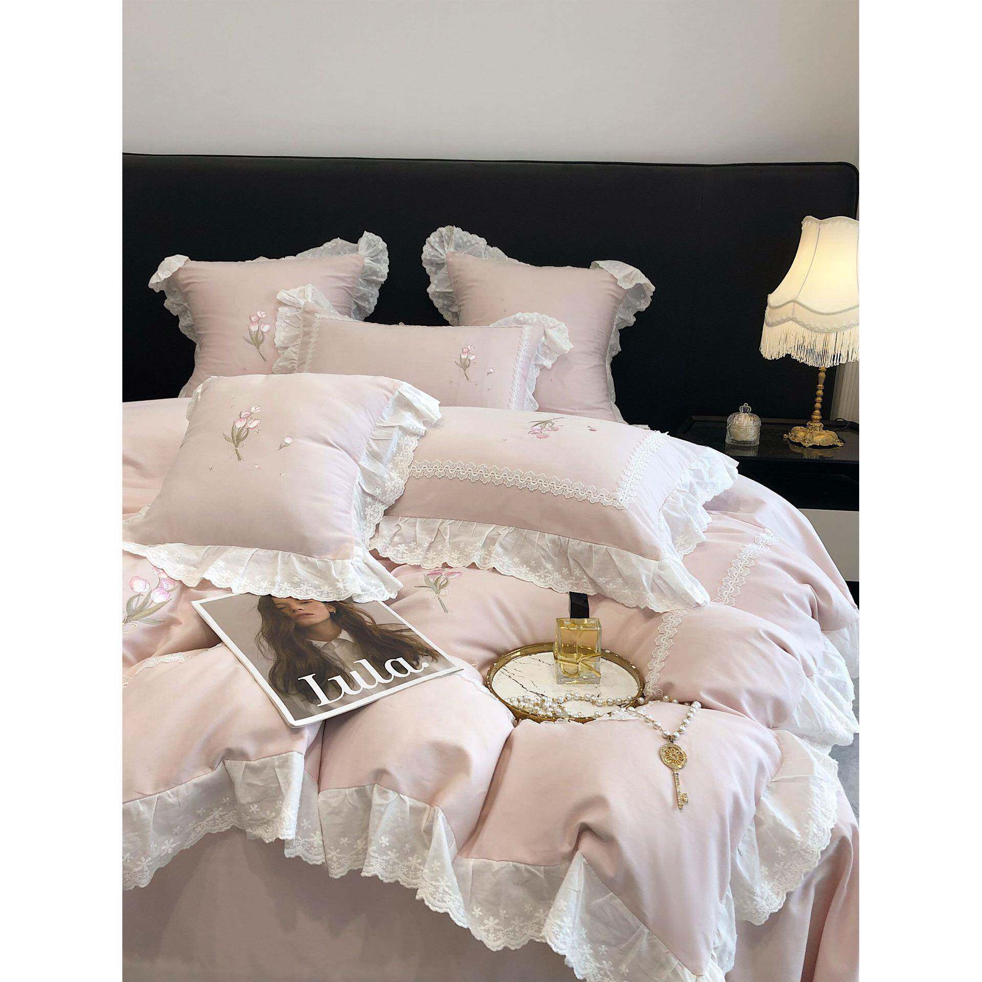 秋冬少女心100支全棉磨毛四件套花卉刺绣纯色荷叶边加厚被套床品