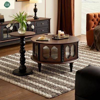 法式复古实木茶几小户型家用组合茶几中古风客厅圆形茶桌储物边几