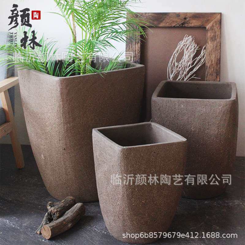 方口圆底花盆粗陶盆紫砂透气陶缸室内阳台绿植装饰盆大口径组合盆