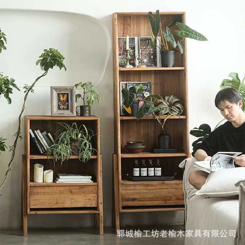 老榆木储物柜落地式透明收纳柜客厅餐边柜卧室家具床头柜置物柜