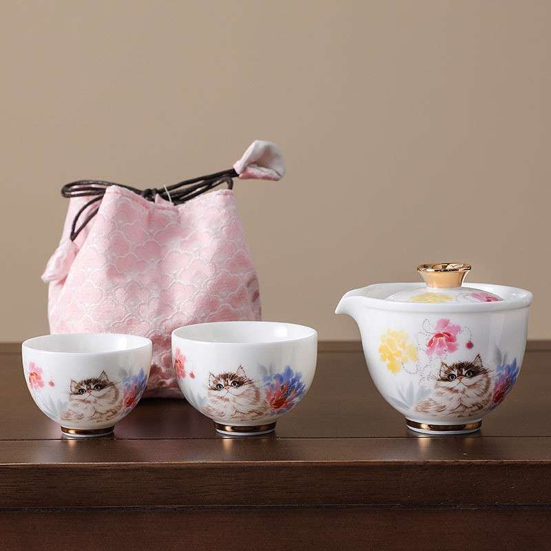 白瓷猫咪旅行快客杯泡茶壶一壶两杯便携小陶瓷茶杯茶壶公道杯