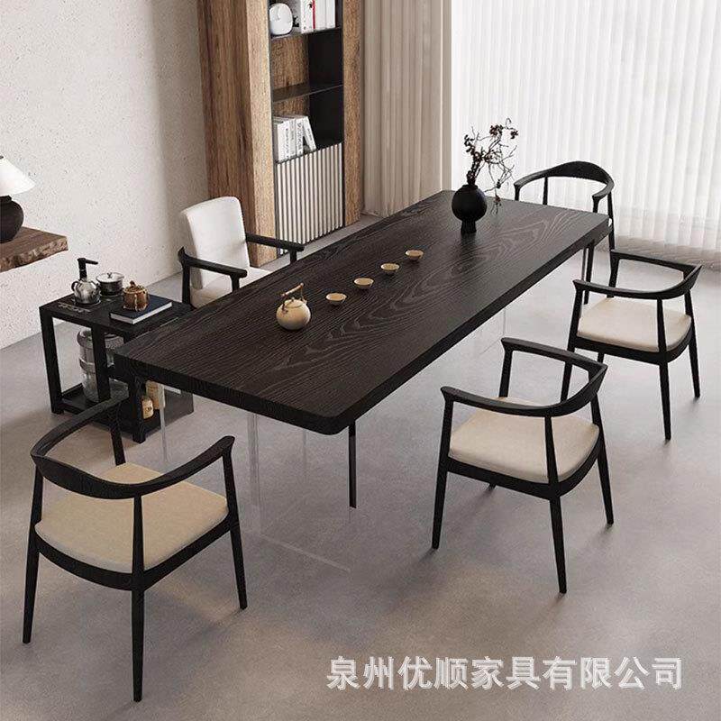 亚克力悬浮茶台茶桌椅组合家用客厅实木碳化新中式接待大板茶桌