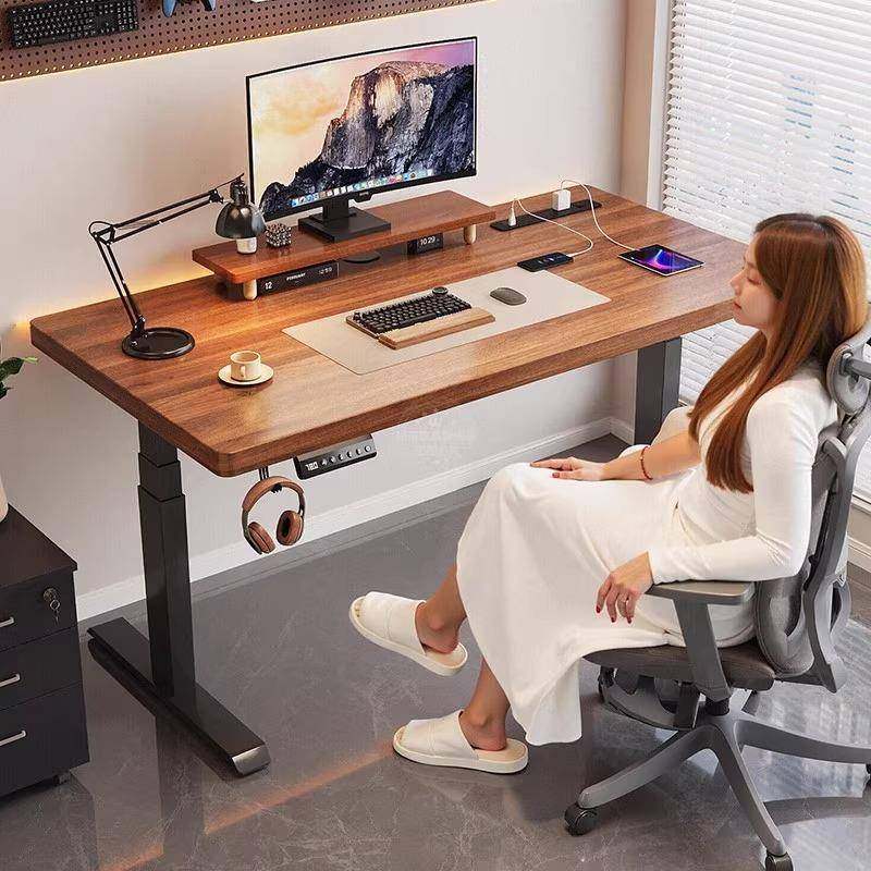 实木电动升降桌电脑桌卧室可升降电竞桌家用可站立学习办公工作台
