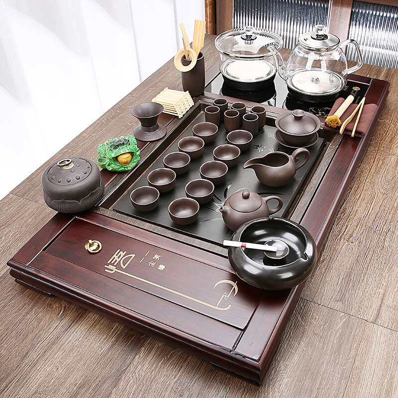 茶盘实木家用底部上水玻璃烧水壶全自动一体茶具套装客厅整套功夫