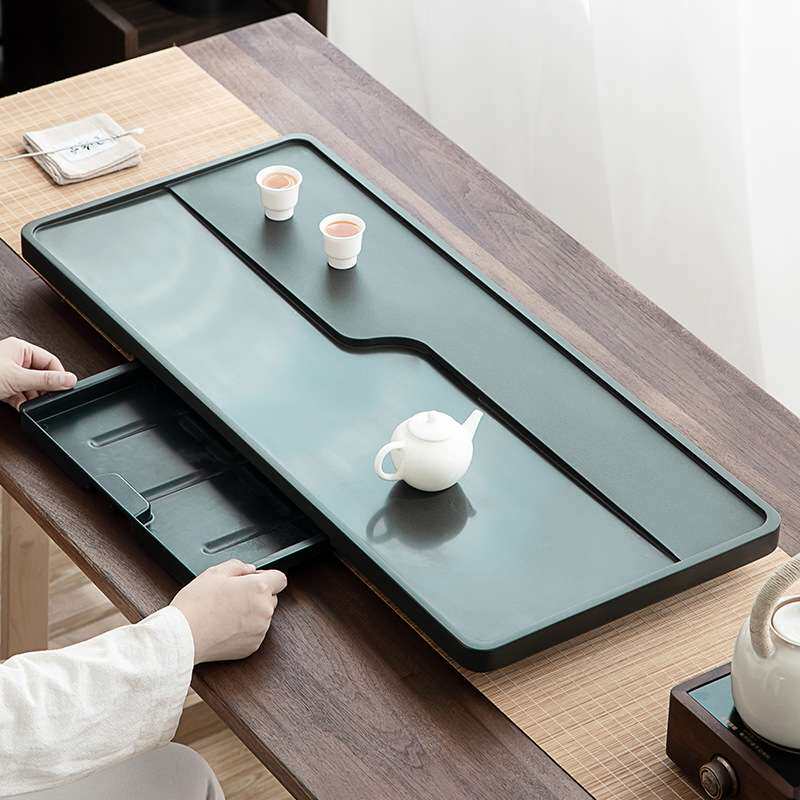 天罗绿石茶盘家用天然乌金石头茶台办公送礼石材排水茶海功夫托盘