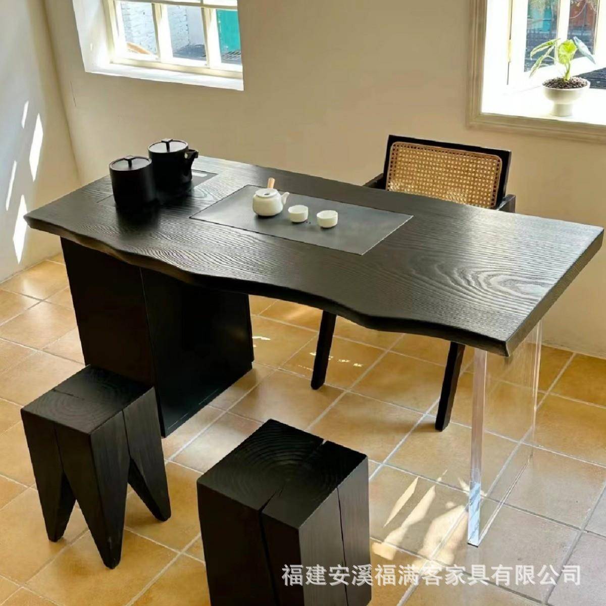 现代简约实木茶桌椅小户型阳台泡茶桌家用茶几白蜡木黑色大板茶台