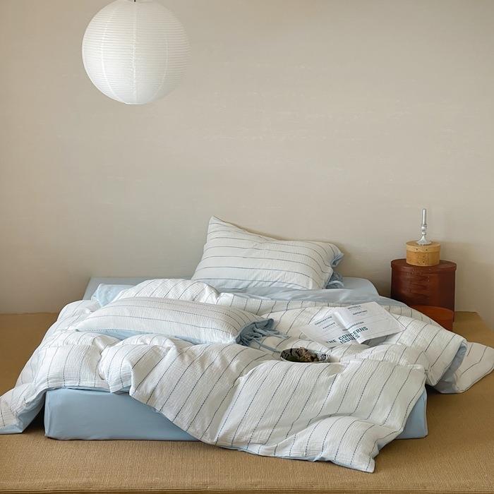 清新全棉皱皱纱四件套日系简约条纹纯棉纱布被套床单床笠床上用品