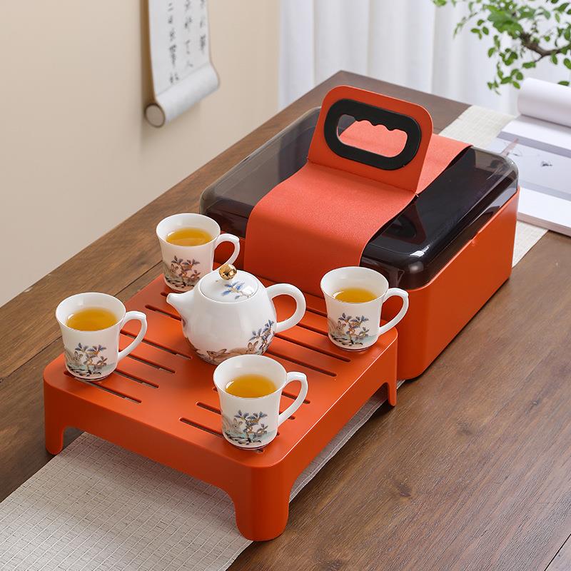 羊脂玉瓷便携式车载旅行茶具套装玉兔呈祥白瓷茶壶四杯旅行套装