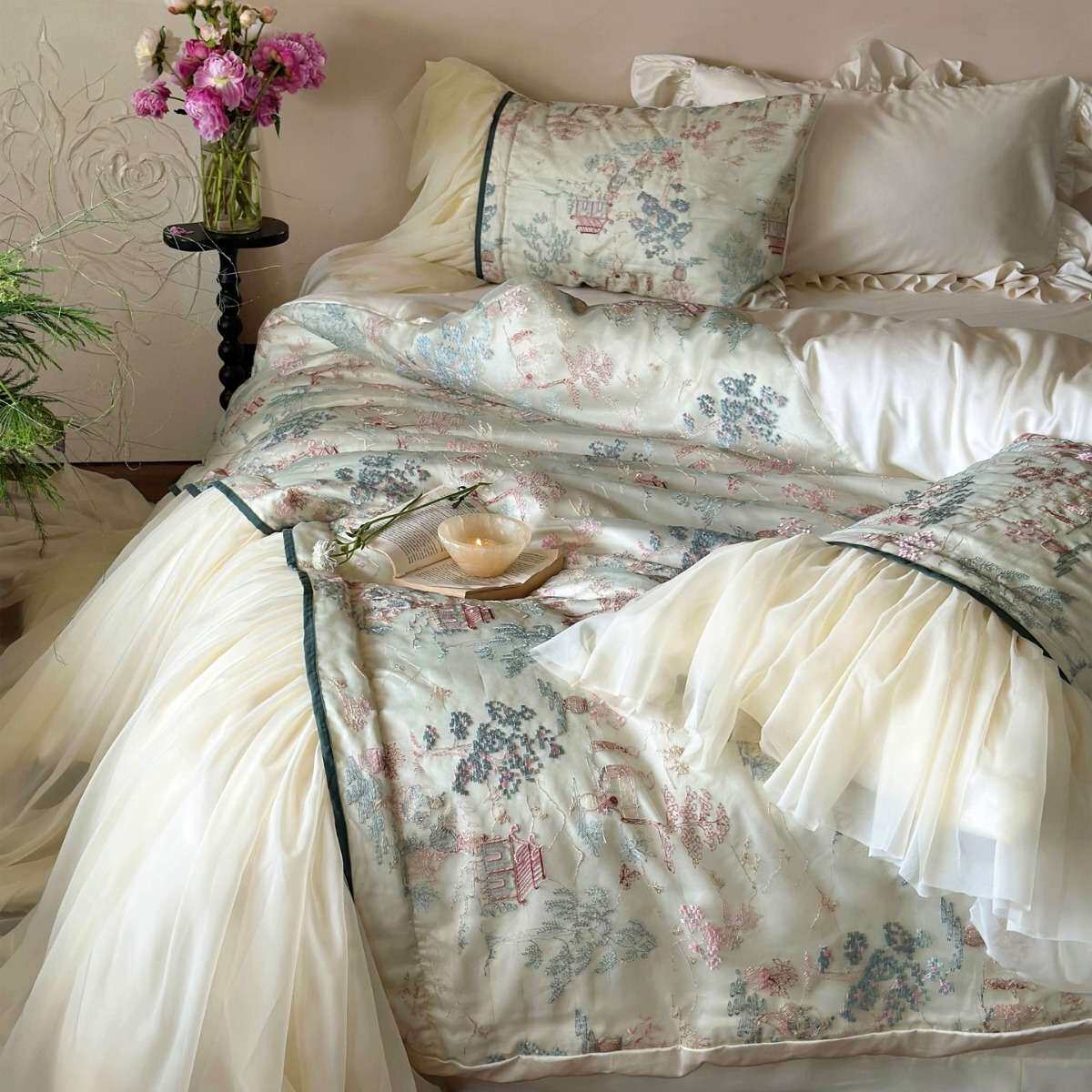 荷叶边夏款凉感丝滑裸睡床上用品床单法式复古刺绣天丝棉四件套