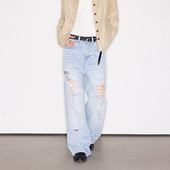 Deep Rain破洞糜烂复古水洗做旧高街垂感休闲A字宽松牛仔裤