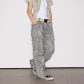 裤 Deep Rain大理石暗纹水洗做旧多口袋微喇cargo工装