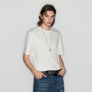 Deep Rain索罗娜螺纹正肩小领口短宽版型合身基础简约纯色短袖T恤