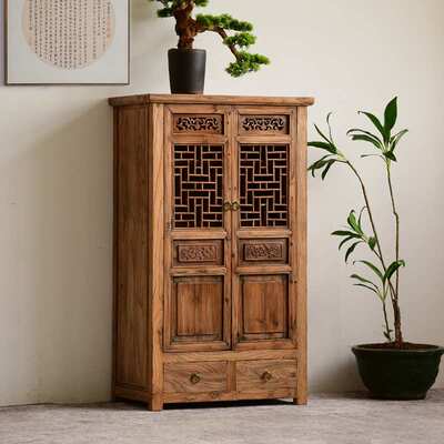 全实木餐边柜老榆木橱柜储物柜雕花旧木收纳柜中式仿古茶室储物柜
