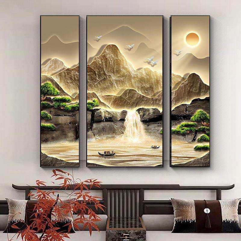 中堂画客厅组合三联挂画新中式农村堂屋大气山水装饰画聚宝盆壁画