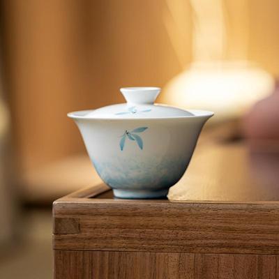 明泉茶斋家用二才盖碗茶杯高档手绘蝴蝶兰茶碗陶瓷泡茶器不烫手茶