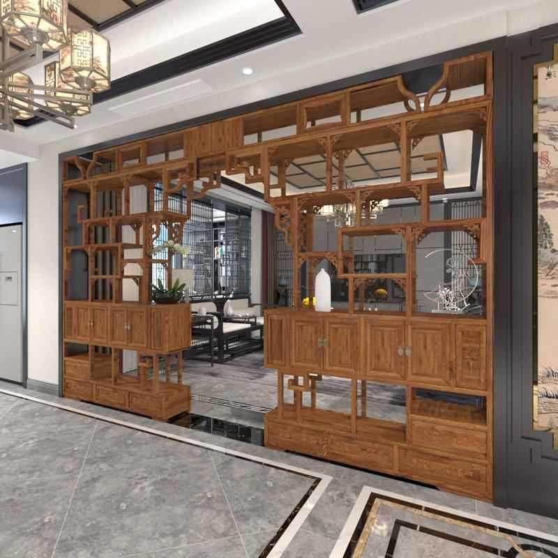 仿古伸缩月洞门隔断玄关客厅背景中式古董博古架实木月亮圆门