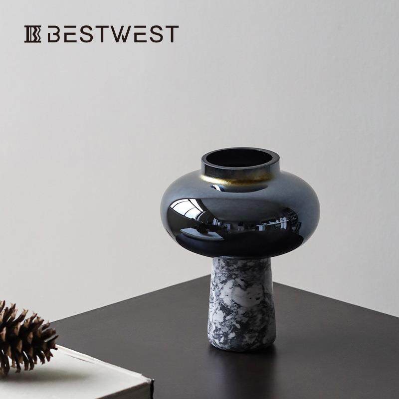 Bestwest新中式大理石玻璃花瓶摆件家居样板间设计师高档花器