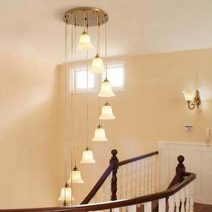 新品楼梯吊灯美式全铜复式楼梯间吊灯轻奢别墅中空旋转楼梯长吊灯