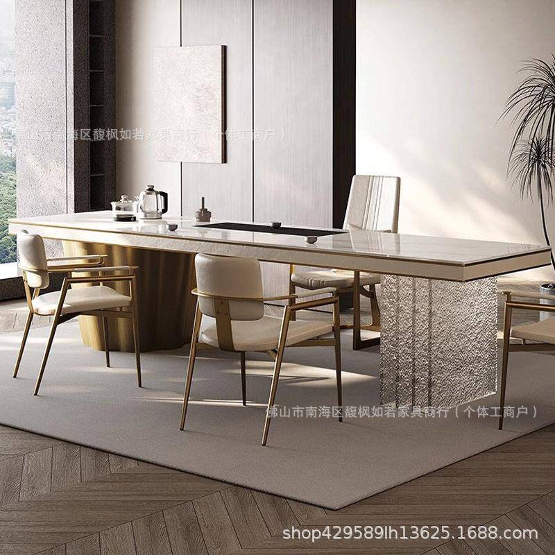 轻奢岩板大板茶桌椅组合简约现代家用高级感泡茶台老板办公会议桌