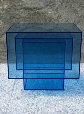 蓝色创意设计楼盘样板房边几柜亚克力透明蓝色桌子压克力坐凳家具