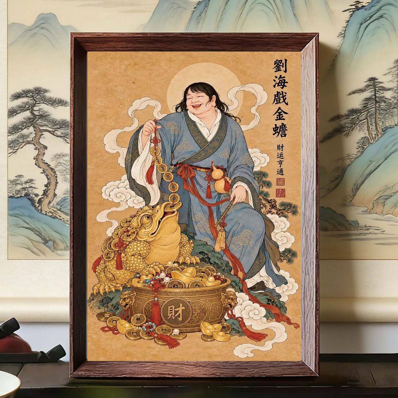 刘海戏金蟾国风画像大气创意摆台复古财神爷家用客厅玄关装饰摆件
