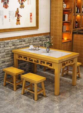 实木餐桌饭桌长方形烧店新饭中式面馆桌早店餐店小24712吃店烤桌