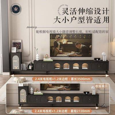 法式复古视柜伸FUE缩小户型茶厅几组客合家用美式落地黑电色储物