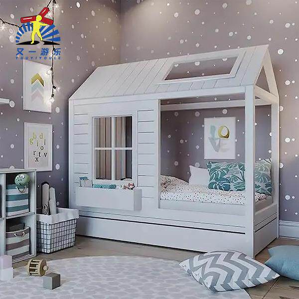 实木子实儿童床女孩床木屋床床带护栏床YY-00FC木质小房儿童房木