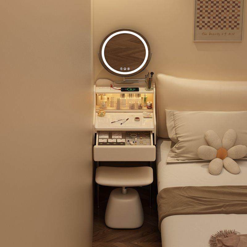 式公主风梳妆台折叠翻镜子可藏上奶油白色实木法化妆台有隐136灯