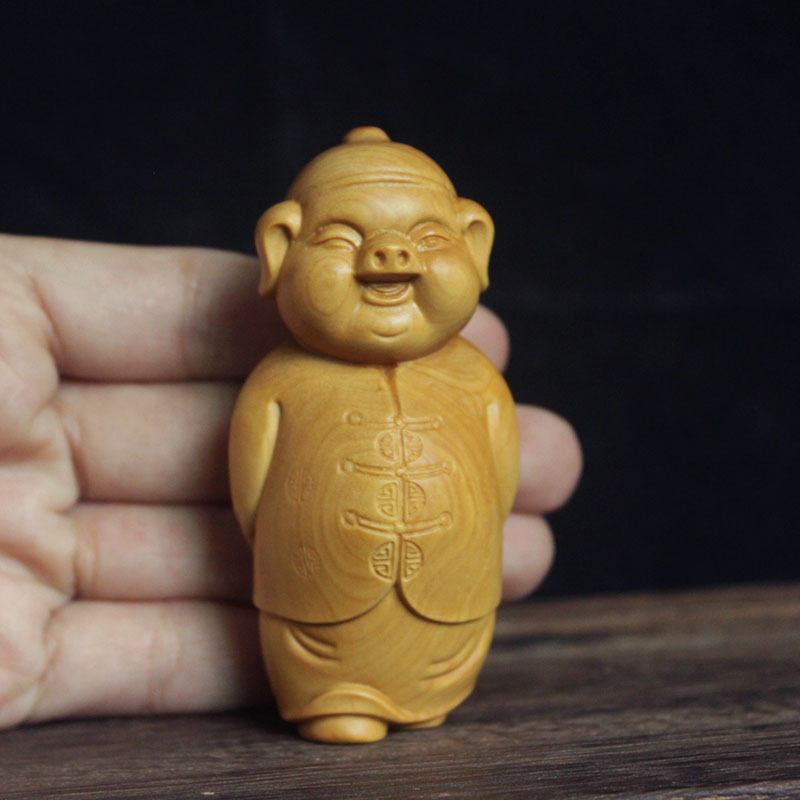 黄杨木雕手把件生肖猪木雕刻财主猪文玩茶宠手工艺品家居招财摆件