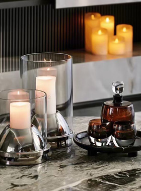 可凡现代简约样板间客厅氛围感金属玻璃罩蜡烛烛台大理石托盘摆件