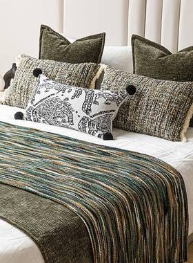 森系绿色床品多件套中古风民宿酒店样板房主卧床上靠垫抱枕搭毯