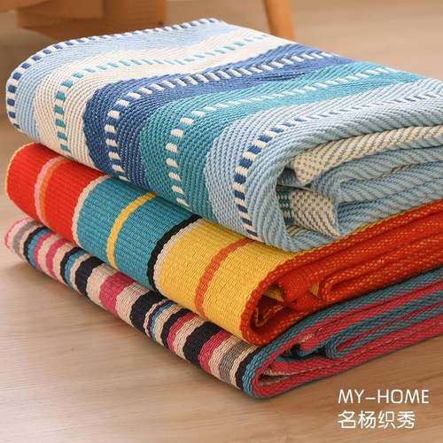 90X150cm客厅沙发地垫卧室床边地垫棉线编织多彩条纹出租屋茶几垫