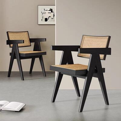 中古风实木餐椅2025年新款奶油系艺术感懒人编织藤编椅子