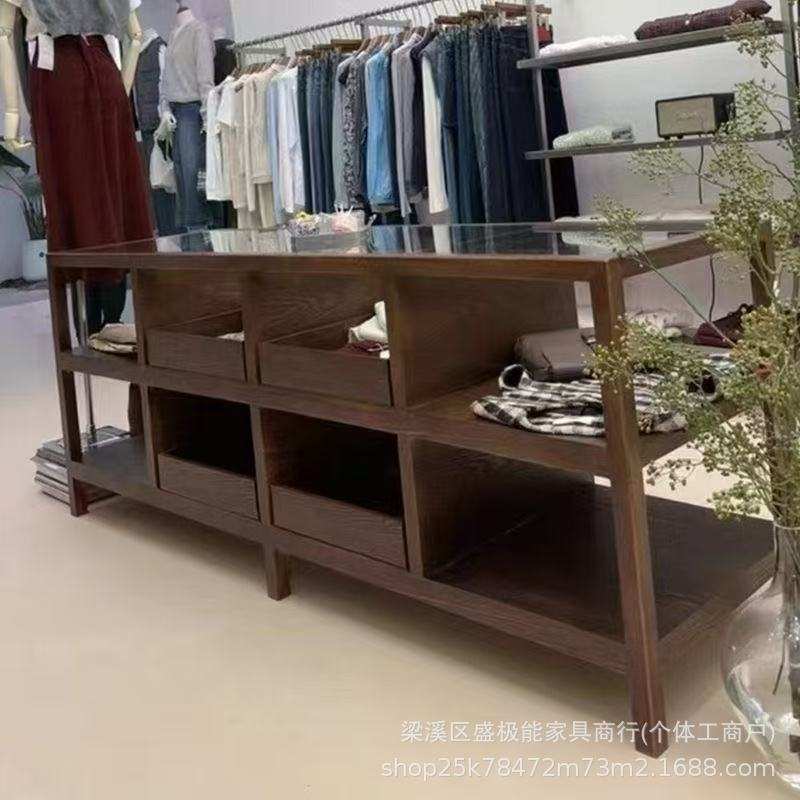 SJN网红实木中岛柜服装店流水台置物架饰品陈列摆台胡桃色展示架
