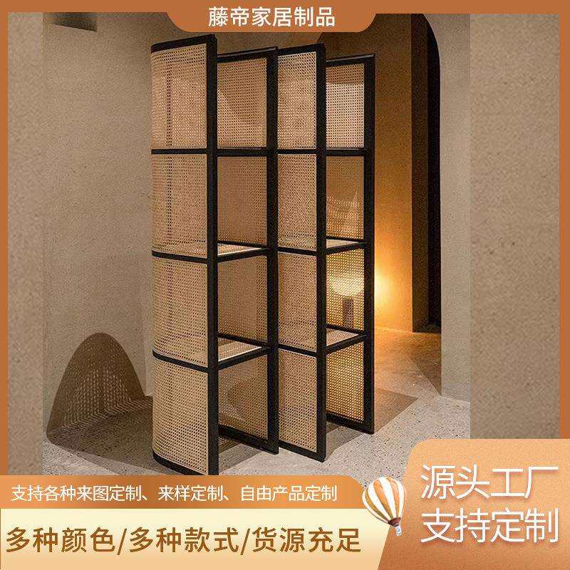 北欧藤编可移动置物架隔断室内家用收纳柜展示架复古诧寂风角柜