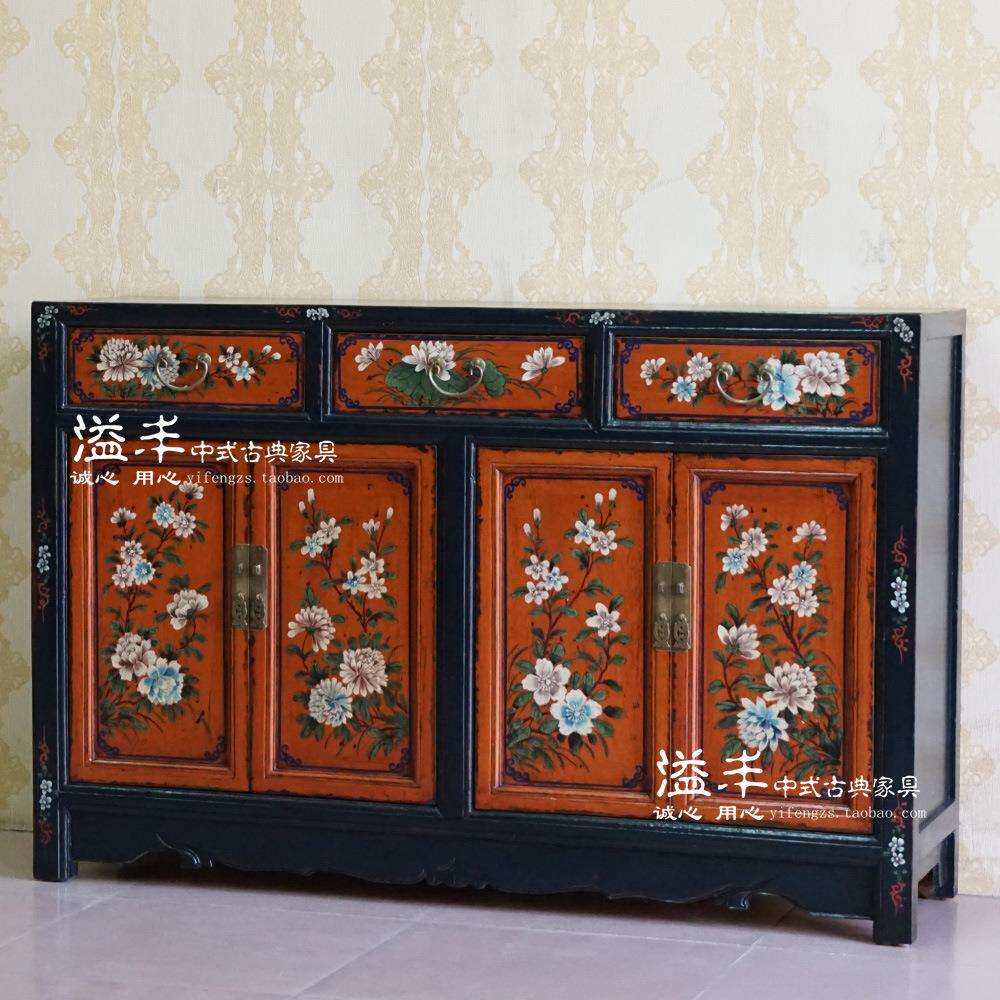现代新中式实木彩绘餐边柜子明清手绘复古做旧储物装饰玄关门厅柜