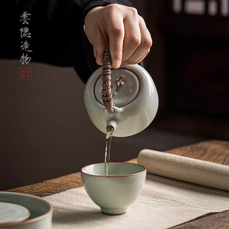优茶道天青汝窑茶壶提梁壶藤编开片汝瓷小壶中式泡茶壶冰裂釉复古