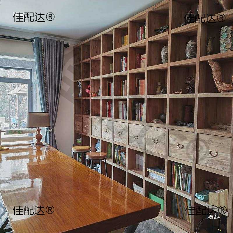 老榆木书架整面墙书柜实木书架格子架满墙书架落地置物架