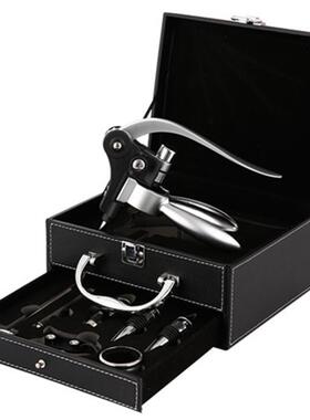 现货抽屉皮盒酒具套装木盒兔型开瓶器套装合金兔耳开酒器8件套